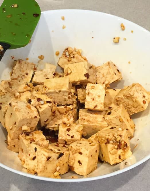 Cubes of tofu in a bowl with spices.