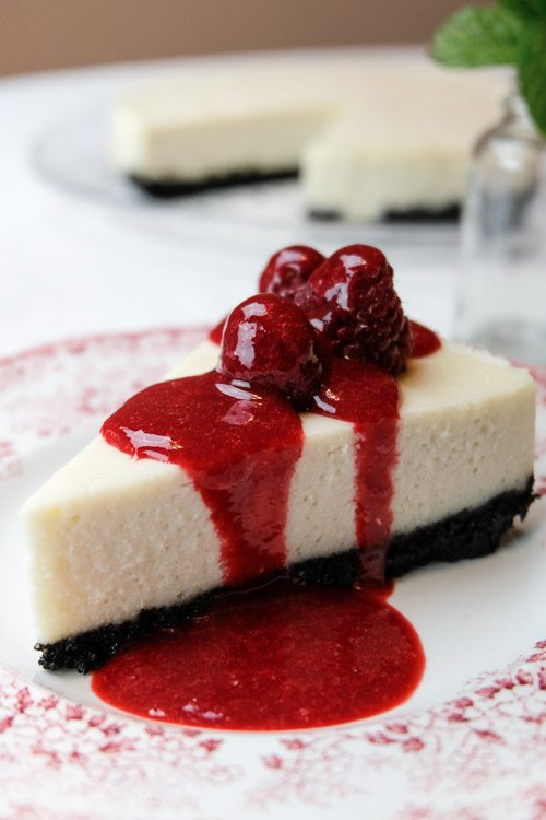 Instant Pot Cheesecake Vegan Oreo Crust Raspberry Sauce