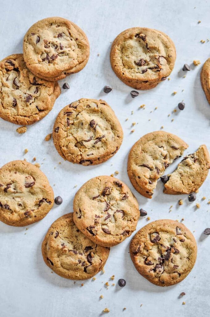 A vertical closeup shot of baked vegan chocolate cookies.