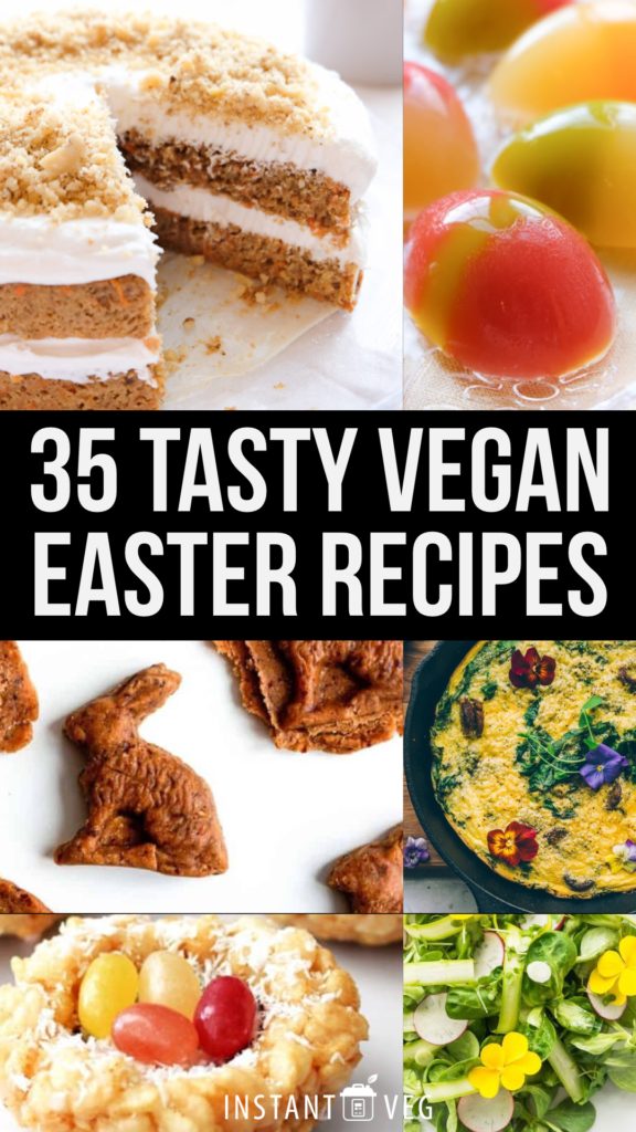 35 tasty vegan recipes for Easter brunch or lunch, including some vegan quiche ideas, lovely salads featuring spring greens, and of course the world's best vegan carrot cake or vegan easter eggs for dessert!