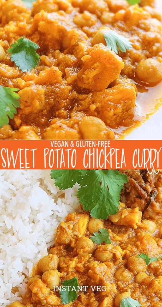 Flavorful chickpea curry with fluffy white rice. This recipe uses the pot-in-pot technique to cook the curry and rice simultaneously in the Instant Pot. #vegancurry #veganindianfood #veganinstantpot #vegandinners #vegansweetpotatocurry #veganrecipes #vegcurry #easyveganrecipes #quickveganrecipes #healthyveganrecipes #vegan