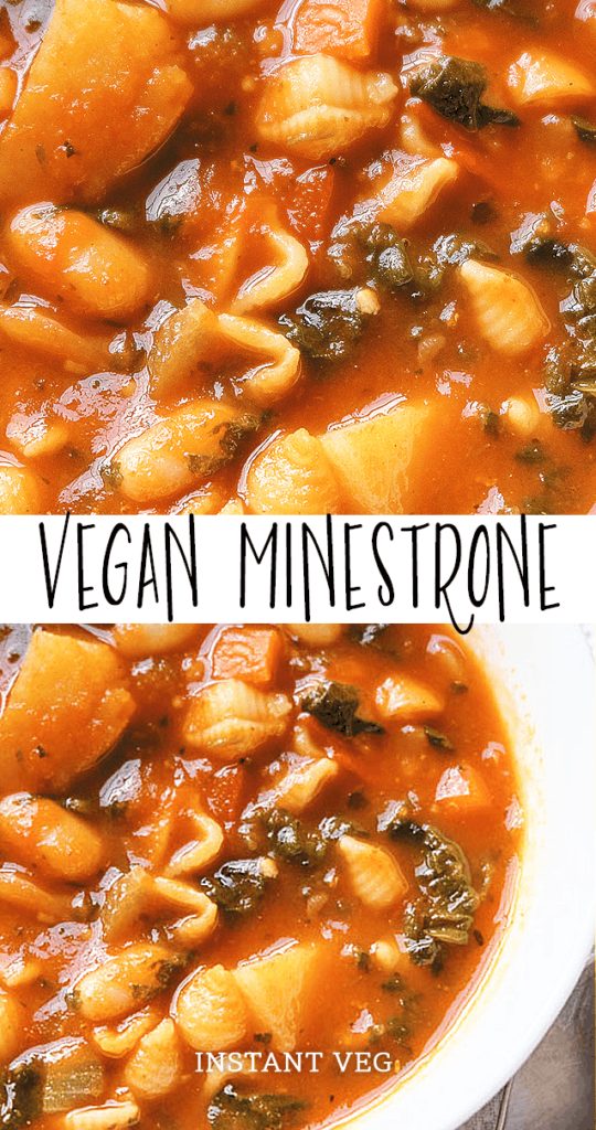 This easy, healthy Minestrone Soup is naturally vegan. Easily throw it together using pantry staples such as pasta and canned and frozen vegetables. It's very kid friendly, too! #veganrecipes #vegansoup #veganinstantpotrecipes #veganminestrone #veganpantryfoods #minestrone #veganinstantpot #vegetablesoup #vegansouprecipes