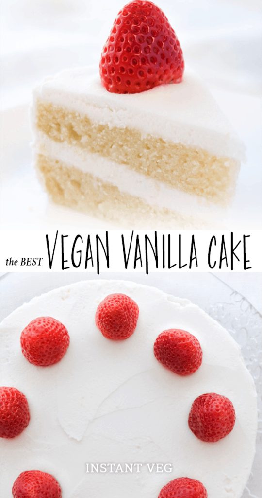the BEST vegan vanilla cake. This vegan vanilla cake is pure perfection. It's light, fluffy, and moist - with just the right amount of vanilla flavor. Top it off with my vegan buttercream frosting for a cake that's straight from heaven. #vegancake #veganvanillacake #veganwhitecake #vegancakewithstrawberries #veganbirthdaycake #bestvegancake #vegancakerecipe #veganfrosting #vegandesserts