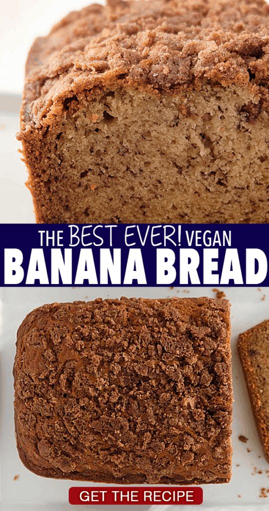 Vegan banana bread with crumb topping. #veganbananabread #veganfood #veganbaking #veganbread #vegancake #veganrecipes #bananabread #vegandesserts #veganbreakfast