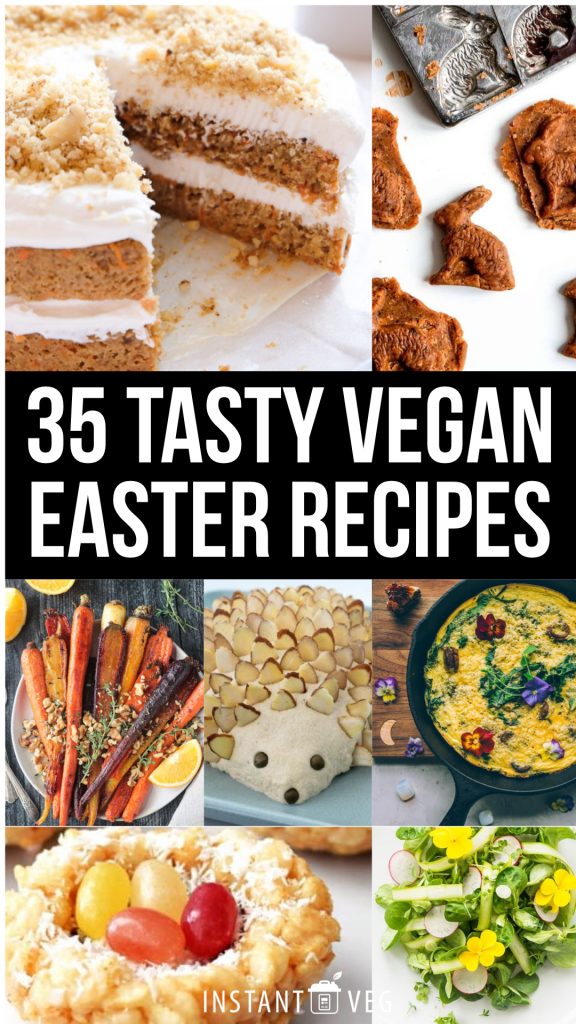 35 tasty vegan recipes for Easter brunch or lunch, including some vegan quiche ideas, lovely salads featuring spring greens, and of course the world's best vegan carrot cake or vegan easter eggs for dessert!