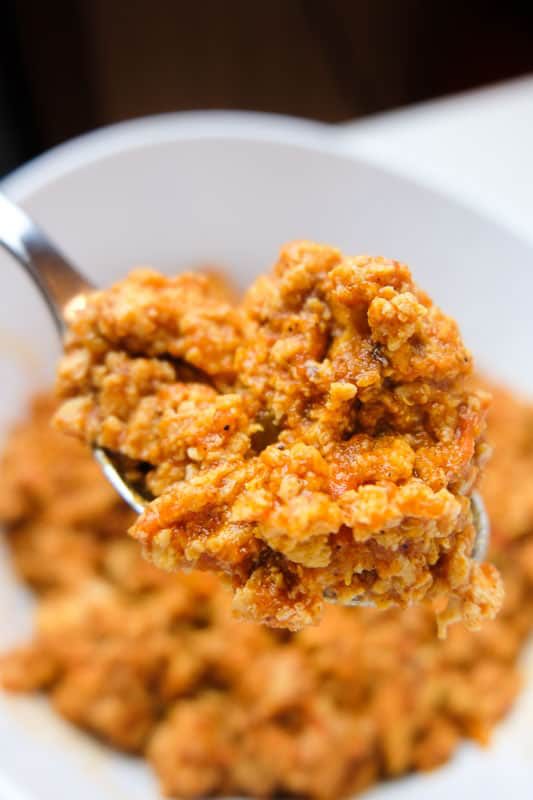 Sofritas (vegan taco meat made of tofu and salsa) on a spoon.