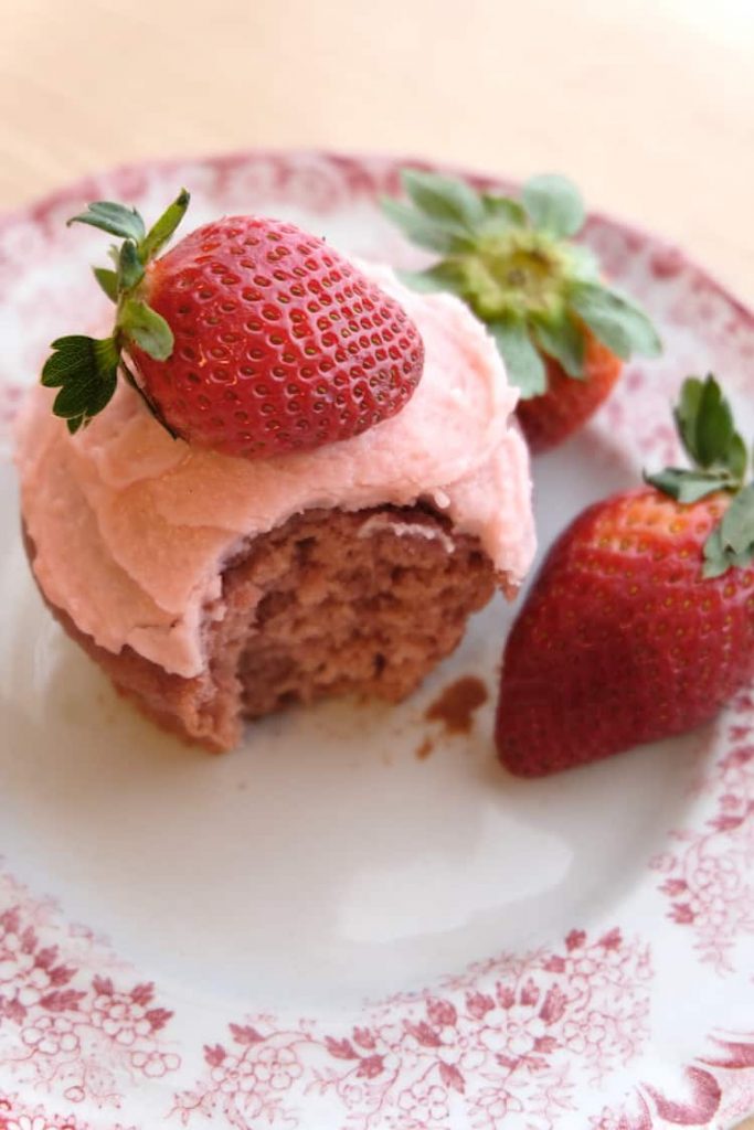 vegan strawberry cupcakes with fresh strawberries bite shot