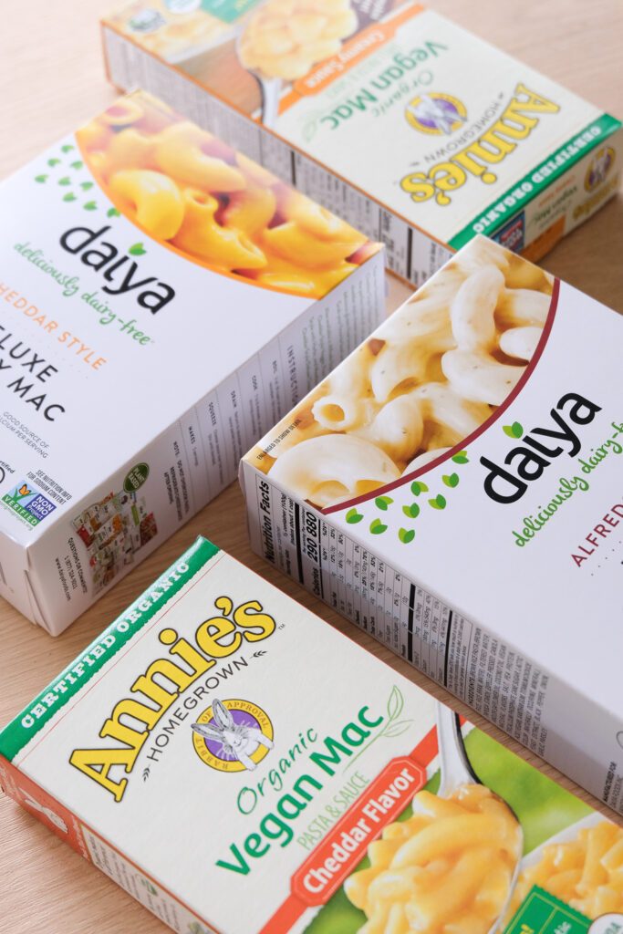 boxes of vegan mac and cheese for review