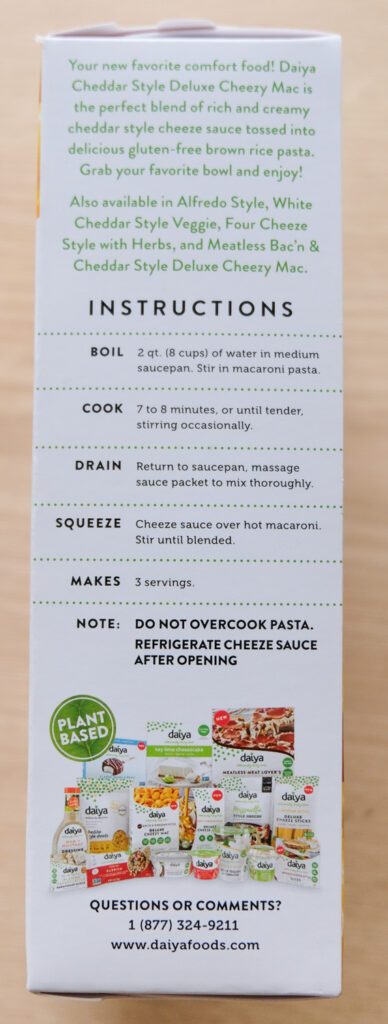 Daiya Deluxe Cheezy Mac Cheddar Style Box Cooking Instructions