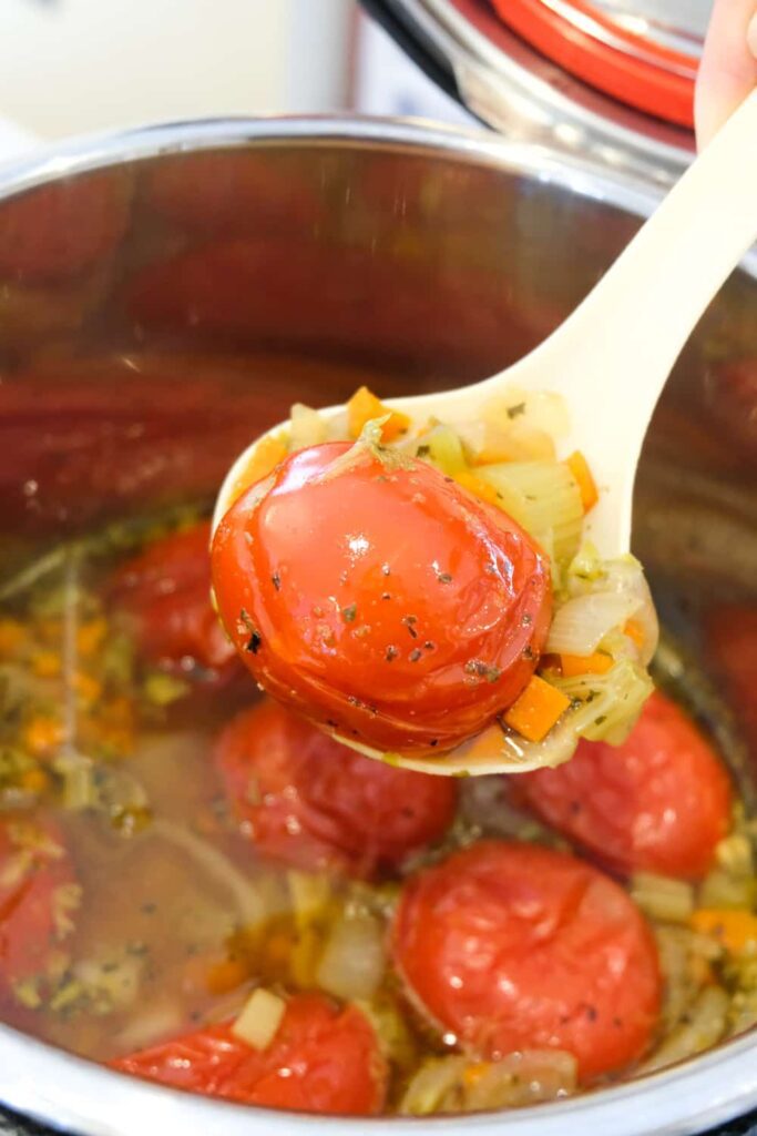 close up view of tomatoes, onions, carrots, and celery after they have been cooked in the Instant Pot.